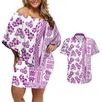 Hawaii Couples Matching Off Shoulder Short Dress and Hawaiian Shirt Aloha Tropical Plants Tribal Pattern Pink Version LT03 Pink - Polynesian Pride