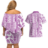 Hawaii Couples Matching Off Shoulder Short Dress and Hawaiian Shirt Aloha Tropical Plants Tribal Pattern Pink Version LT03 - Polynesian Pride