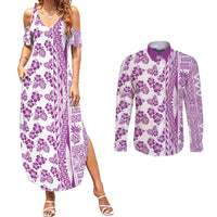 Hawaii Couples Matching Summer Maxi Dress and Long Sleeve Button Shirt Aloha Tropical Plants Tribal Pattern Pink Version LT03 Pink - Polynesian Pride