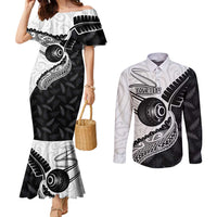Personalised Aotearoa Lawn Bowls Couples Matching Mermaid Dress and Long Sleeve Button Shirt Maori and Silver Fern Half Style LT03 White - Polynesian Pride