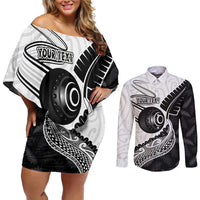 Personalised Aotearoa Lawn Bowls Couples Matching Off Shoulder Short Dress and Long Sleeve Button Shirt Maori and Silver Fern Half Style LT03 White - Polynesian Pride