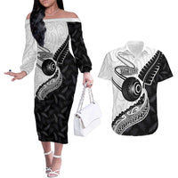 Personalised Aotearoa Lawn Bowls Couples Matching Off The Shoulder Long Sleeve Dress and Hawaiian Shirt Maori and Silver Fern Half Style LT03 White - Polynesian Pride