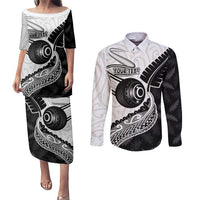 Personalised Aotearoa Lawn Bowls Couples Matching Puletasi and Long Sleeve Button Shirt Maori and Silver Fern Half Style LT03 White - Polynesian Pride