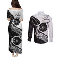 Personalised Aotearoa Lawn Bowls Couples Matching Puletasi and Long Sleeve Button Shirt Maori and Silver Fern Half Style LT03 - Polynesian Pride