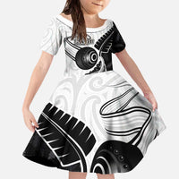 Personalised Aotearoa Lawn Bowls Family Matching Off The Shoulder Long Sleeve Dress and Hawaiian Shirt Maori and Silver Fern Half Style LT03 Daughter's Dress White - Polynesian Pride