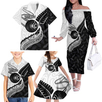 Personalised Aotearoa Lawn Bowls Family Matching Off The Shoulder Long Sleeve Dress and Hawaiian Shirt Maori and Silver Fern Half Style LT03 - Polynesian Pride