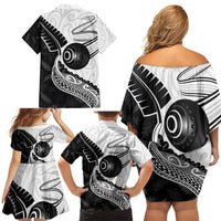 Personalised Aotearoa Lawn Bowls Family Matching Off Shoulder Short Dress and Hawaiian Shirt Maori and Silver Fern Half Style LT03 - Polynesian Pride