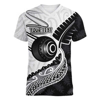 Personalised Aotearoa Lawn Bowls Women V-Neck T-Shirt Maori and Silver Fern Half Style LT03 Female White - Polynesian Pride