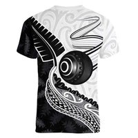 Personalised Aotearoa Lawn Bowls Women V-Neck T-Shirt Maori and Silver Fern Half Style LT03 - Polynesian Pride