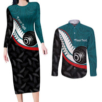 Personalised Aotearoa Lawn Bowls Couples Matching Long Sleeve Bodycon Dress and Long Sleeve Button Shirt Maori and Silver Fern Sporty Style Teal Color LT03 Teal - Polynesian Pride
