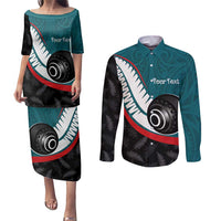 Personalised Aotearoa Lawn Bowls Couples Matching Puletasi and Long Sleeve Button Shirt Maori and Silver Fern Sporty Style Teal Color LT03 Teal - Polynesian Pride