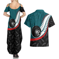 Personalised Aotearoa Lawn Bowls Couples Matching Summer Maxi Dress and Hawaiian Shirt Maori and Silver Fern Sporty Style Teal Color LT03 - Polynesian Pride