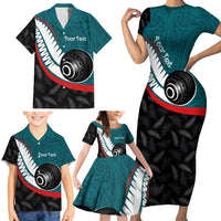 Personalised Aotearoa Lawn Bowls Family Matching Short Sleeve Bodycon Dress and Hawaiian Shirt Maori and Silver Fern Sporty Style Teal Color LT03 - Polynesian Pride