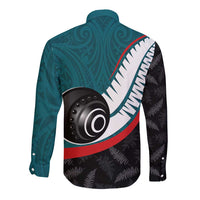 Personalised Aotearoa Lawn Bowls Long Sleeve Button Shirt Maori and Silver Fern Sporty Style Teal Color LT03 - Polynesian Pride
