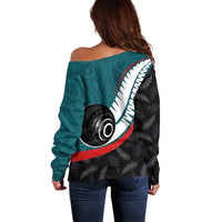 Personalised Aotearoa Lawn Bowls Off Shoulder Sweater Maori and Silver Fern Sporty Style Teal Color LT03 - Polynesian Pride