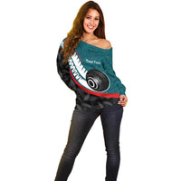 Personalised Aotearoa Lawn Bowls Off Shoulder Sweater Maori and Silver Fern Sporty Style Teal Color LT03 - Polynesian Pride