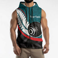 Personalised Aotearoa Lawn Bowls Sleeveless Zip Hoodie Maori and Silver Fern Sporty Style Teal Color LT03 - Polynesian Pride