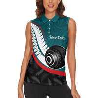 Personalised Aotearoa Lawn Bowls Women Sleeveless Polo Shirt Maori and Silver Fern Sporty Style Teal Color LT03 - Polynesian Pride