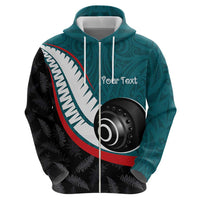 Personalised Aotearoa Lawn Bowls Zip Hoodie Maori and Silver Fern Sporty Style Teal Color LT03 - Polynesian Pride