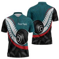 Personalised Aotearoa Lawn Bowls Zipper Polo Shirt Maori and Silver Fern Sporty Style Teal Color LT03 - Polynesian Pride