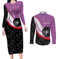 Personalised Aotearoa Lawn Bowls Couples Matching Long Sleeve Bodycon Dress and Long Sleeve Button Shirt Maori and Silver Fern Sporty Style Pink Color LT03 Pink - Polynesian Pride