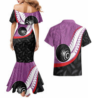 Personalised Aotearoa Lawn Bowls Couples Matching Mermaid Dress and Hawaiian Shirt Maori and Silver Fern Sporty Style Pink Color LT03 - Polynesian Pride