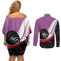 Personalised Aotearoa Lawn Bowls Couples Matching Off Shoulder Short Dress and Long Sleeve Button Shirt Maori and Silver Fern Sporty Style Pink Color LT03 - Polynesian Pride