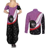 Personalised Aotearoa Lawn Bowls Couples Matching Summer Maxi Dress and Long Sleeve Button Shirt Maori and Silver Fern Sporty Style Pink Color LT03 - Polynesian Pride