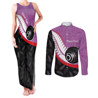 Personalised Aotearoa Lawn Bowls Couples Matching Tank Maxi Dress and Long Sleeve Button Shirt Maori and Silver Fern Sporty Style Pink Color LT03 Pink - Polynesian Pride