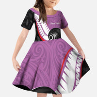 Personalised Aotearoa Lawn Bowls Family Matching Long Sleeve Bodycon Dress and Hawaiian Shirt Maori and Silver Fern Sporty Style Pink Color LT03 Daughter's Dress Pink - Polynesian Pride