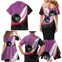 Personalised Aotearoa Lawn Bowls Family Matching Mermaid Dress and Hawaiian Shirt Maori and Silver Fern Sporty Style Pink Color LT03 - Polynesian Pride