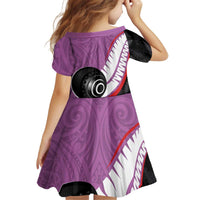Personalised Aotearoa Lawn Bowls Kid Short Sleeve Dress Maori and Silver Fern Sporty Style Pink Color LT03 - Polynesian Pride