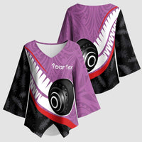 Personalised Aotearoa Lawn Bowls Kimono Sleeve Blouse Maori and Silver Fern Sporty Style Pink Color LT03 - Polynesian Pride