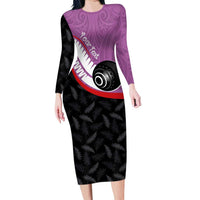 Personalised Aotearoa Lawn Bowls Long Sleeve Bodycon Dress Maori and Silver Fern Sporty Style Pink Color LT03 Long Dress Pink - Polynesian Pride