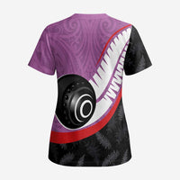 Personalised Aotearoa Lawn Bowls Scrub Top Maori and Silver Fern Sporty Style Pink Color LT03 - Polynesian Pride