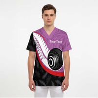 Personalised Aotearoa Lawn Bowls Scrub Top Maori and Silver Fern Sporty Style Pink Color LT03 - Polynesian Pride