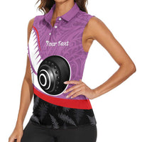 Personalised Aotearoa Lawn Bowls Women Sleeveless Polo Shirt Maori and Silver Fern Sporty Style Pink Color LT03 - Polynesian Pride