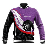 Personalised Aotearoa Lawn Bowls Baseball Jacket Maori and Silver Fern Sporty Style Purple Color LT03 Unisex Purple - Polynesian Pride