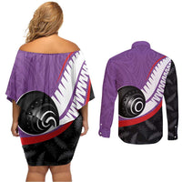 Personalised Aotearoa Lawn Bowls Couples Matching Off Shoulder Short Dress and Long Sleeve Button Shirt Maori and Silver Fern Sporty Style Purple Color LT03 - Polynesian Pride