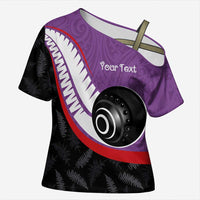 Personalised Aotearoa Lawn Bowls Cross Shoulder Shirt Maori and Silver Fern Sporty Style Purple Color LT03 Female Purple - Polynesian Pride