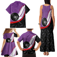 Personalised Aotearoa Lawn Bowls Family Matching Tank Maxi Dress and Hawaiian Shirt Maori and Silver Fern Sporty Style Purple Color LT03 - Polynesian Pride