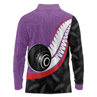 Personalised Aotearoa Lawn Bowls Long Sleeve Polo Shirt Maori and Silver Fern Sporty Style Purple Color LT03 - Polynesian Pride