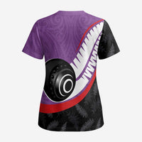 Personalised Aotearoa Lawn Bowls Scrub Top Maori and Silver Fern Sporty Style Purple Color LT03 - Polynesian Pride