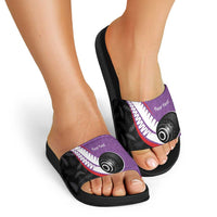 Personalised Aotearoa Lawn Bowls Slide Sandals Maori and Silver Fern Sporty Style Purple Color LT03 - Polynesian Pride