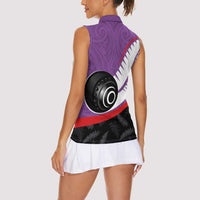 Personalised Aotearoa Lawn Bowls Women Sleeveless Polo Shirt Maori and Silver Fern Sporty Style Purple Color LT03 - Polynesian Pride