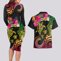 Hawaii Turtle Day Couples Matching Long Sleeve Bodycon Dress and Hawaiian Shirt Polynesian Tattoo and Hibiscus Flowers LT03 - Polynesian Pride