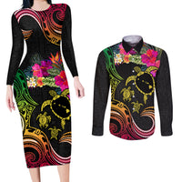 Hawaii Turtle Day Couples Matching Long Sleeve Bodycon Dress and Long Sleeve Button Shirt Polynesian Tattoo and Hibiscus Flowers LT03 Black - Polynesian Pride