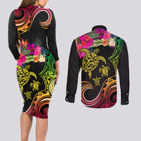 Hawaii Turtle Day Couples Matching Long Sleeve Bodycon Dress and Long Sleeve Button Shirt Polynesian Tattoo and Hibiscus Flowers LT03 - Polynesian Pride