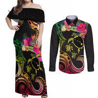 Hawaii Turtle Day Couples Matching Off Shoulder Maxi Dress and Long Sleeve Button Shirt Polynesian Tattoo and Hibiscus Flowers LT03 Black - Polynesian Pride