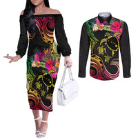 Hawaii Turtle Day Couples Matching Off The Shoulder Long Sleeve Dress and Long Sleeve Button Shirt Polynesian Tattoo and Hibiscus Flowers LT03 Black - Polynesian Pride